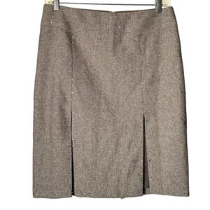 DKNY Size 12 Wool Skirt Embellished Tan Office Siren Tweed School Business Chic